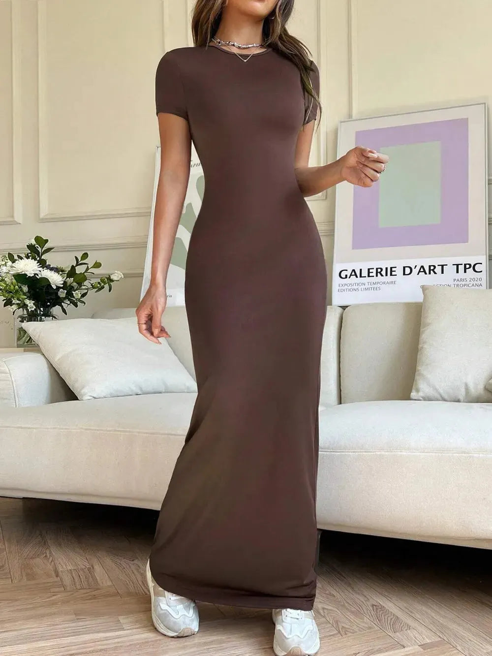 Maxi Dress Short Sleeve Round Neck Casual Summer Resort