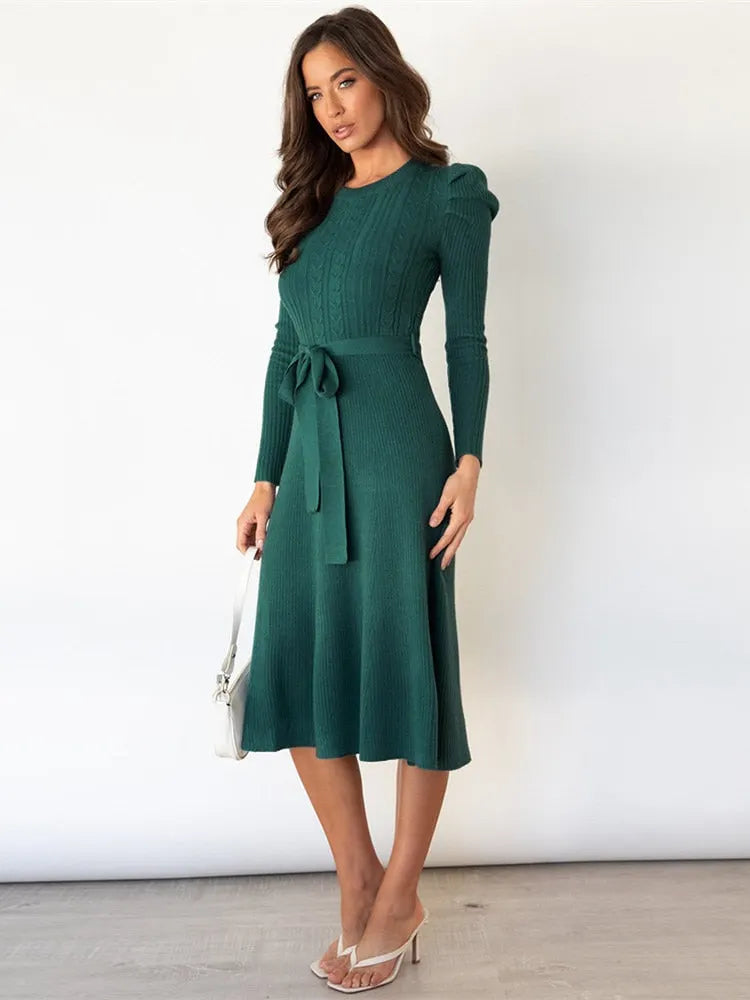 Stylish Knitted Midi Dress For Women With Tie Belt And Cable Pattern