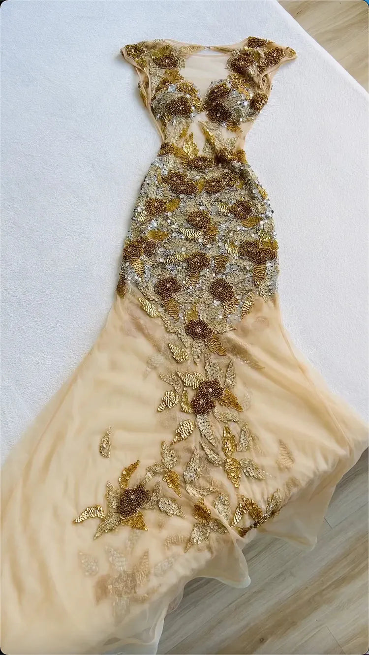 Champagne Gold Heavy Beaded Mermaid Gown, Luxurious Sequin D Floral Embellished Evening Dress