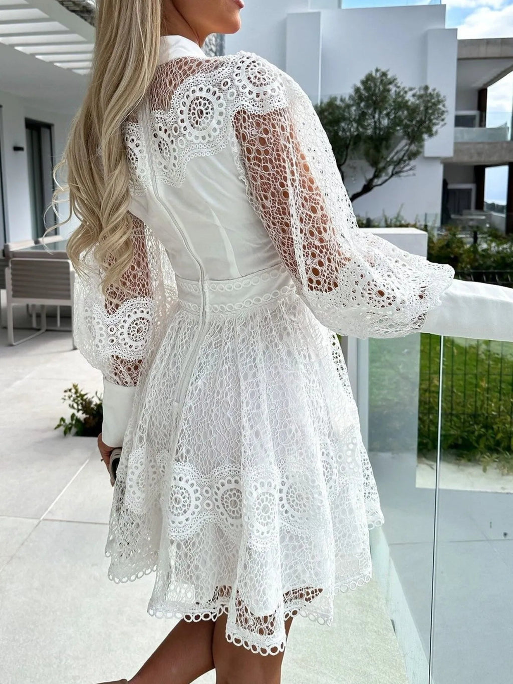 Lace Mini Dress with Lantern Sleeves