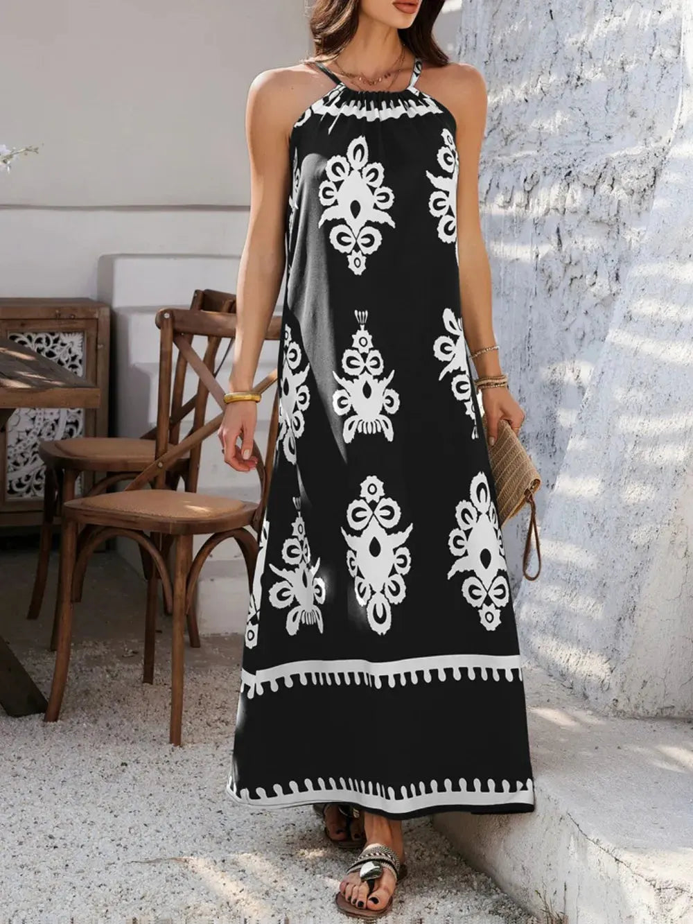Maxi Dress Halter Neck Printed Sleeveless Resort Wear Gown