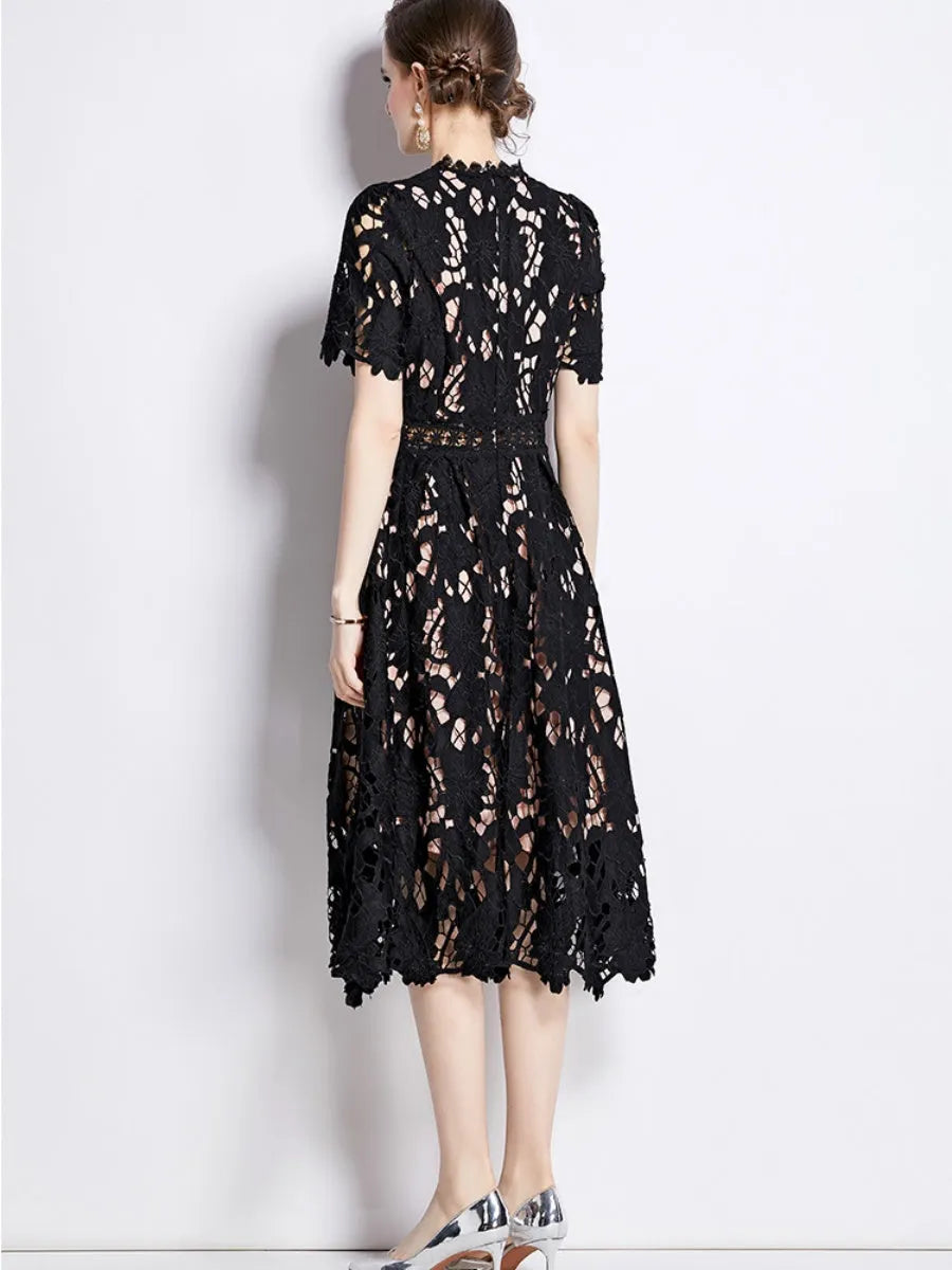Water-soluble Lace Short-sleeved Slim-fit Midi Dress