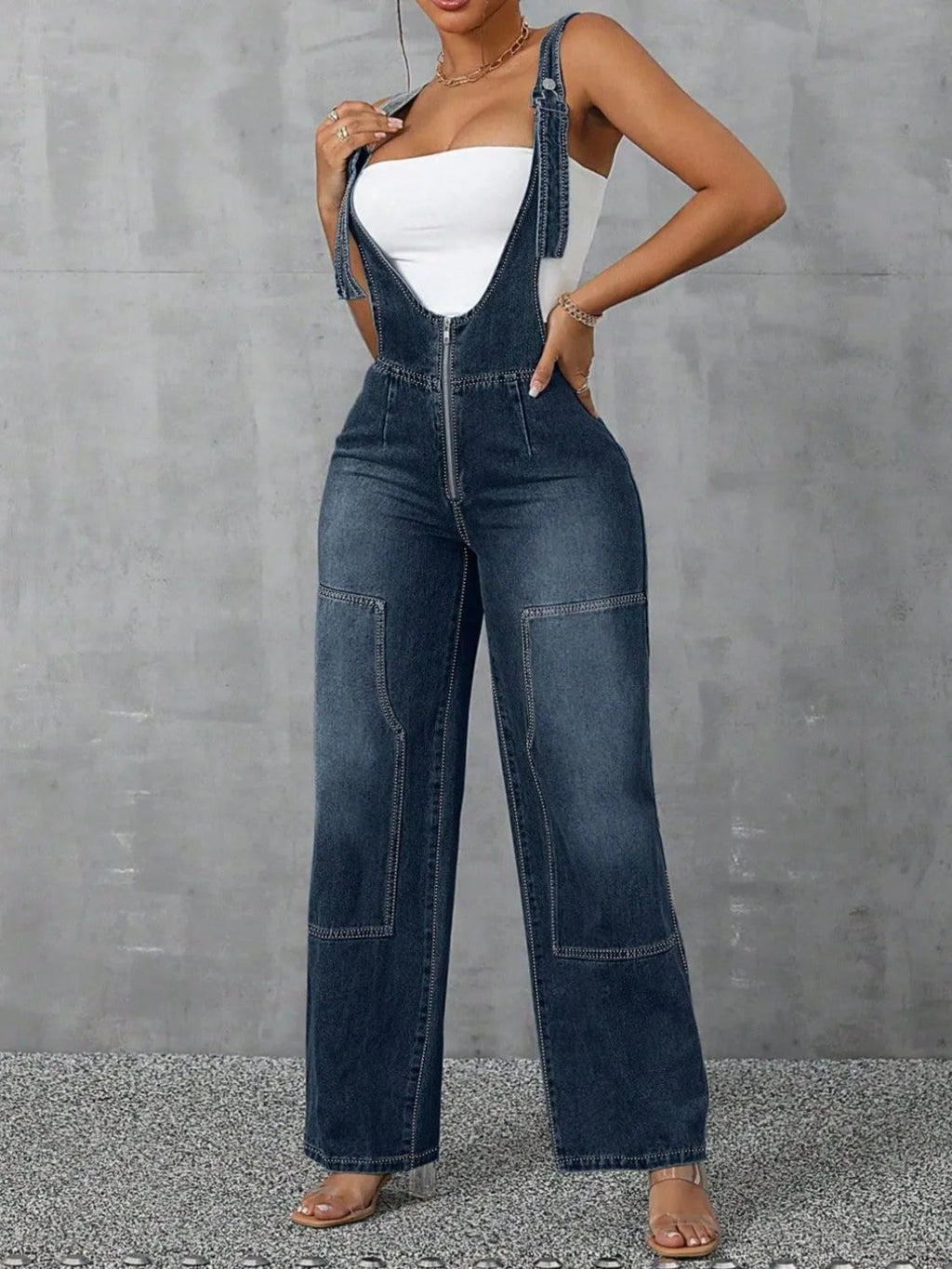 Zip Front Denim Overalls – Wide Strap Street Style