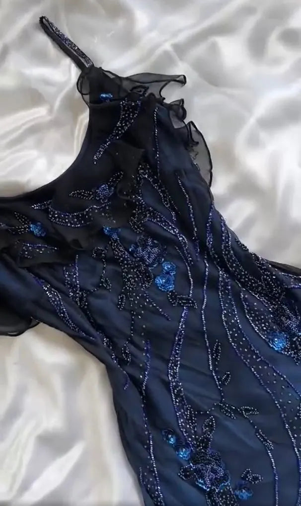 Navy Blue Gorgeous Exquisite Fashion Beaded Charming Long Tulle Elegant Ball Gown Evening Dress Party Dress