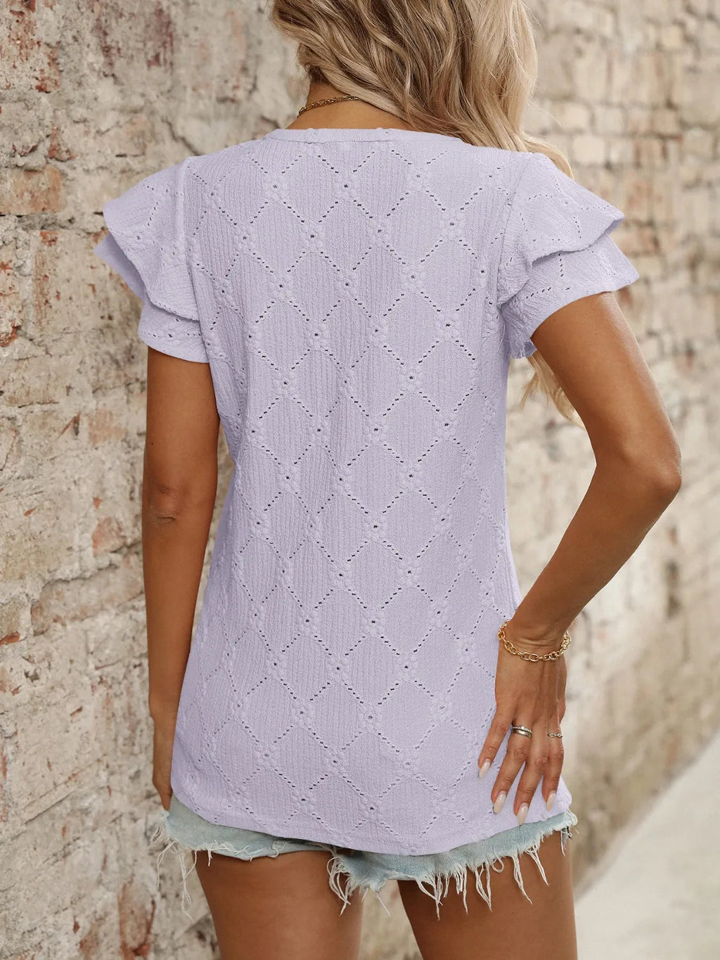Blouse Top Boho Eyelet Ruffled Cap Sleeve Soft Knitwear