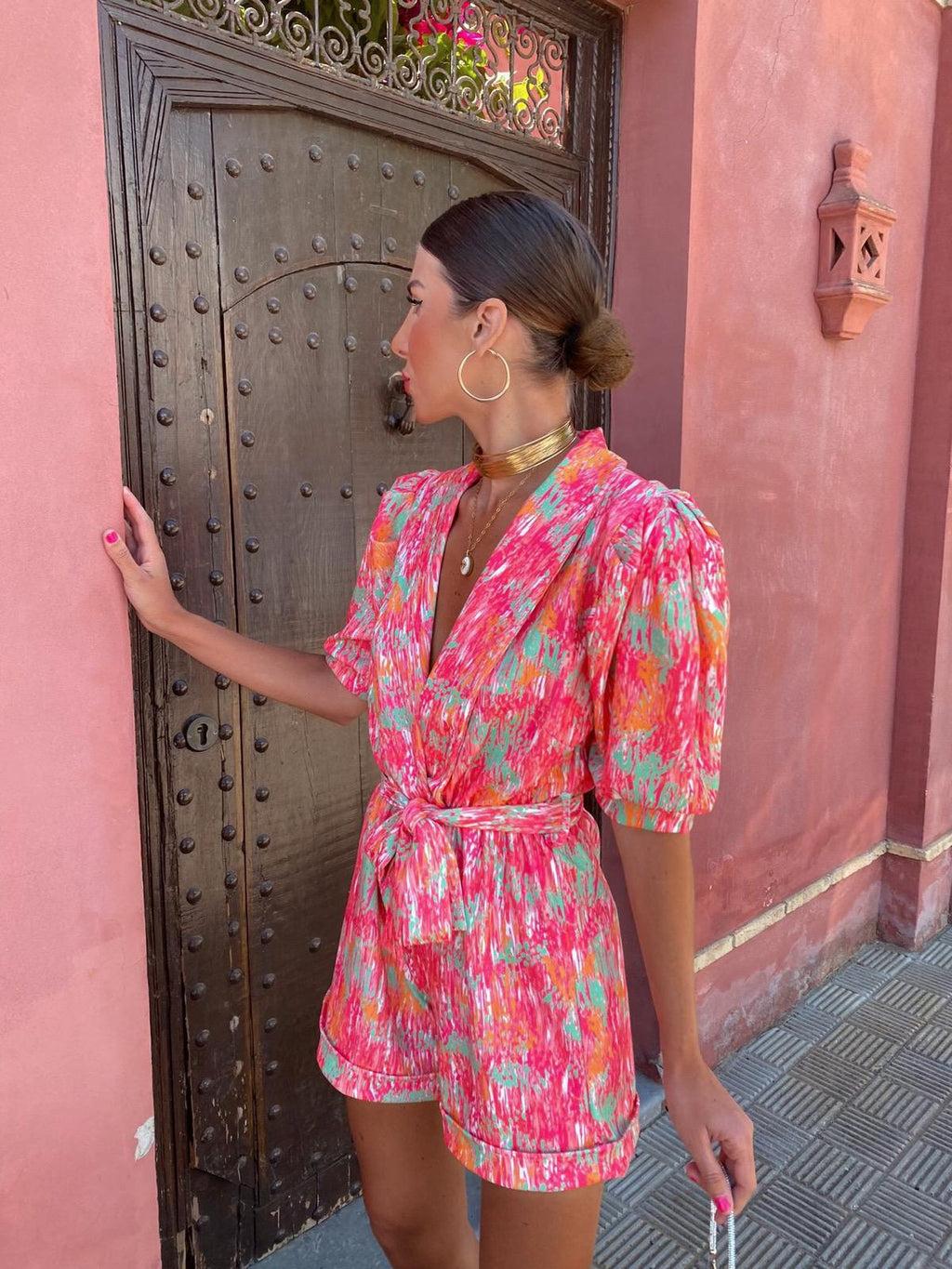 Elegant Women's Playsuit with Print and Tie Belt