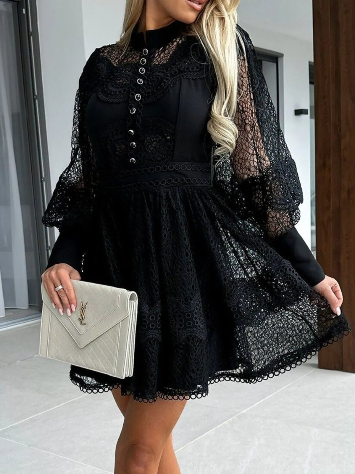 Lace Mini Dress with Lantern Sleeves