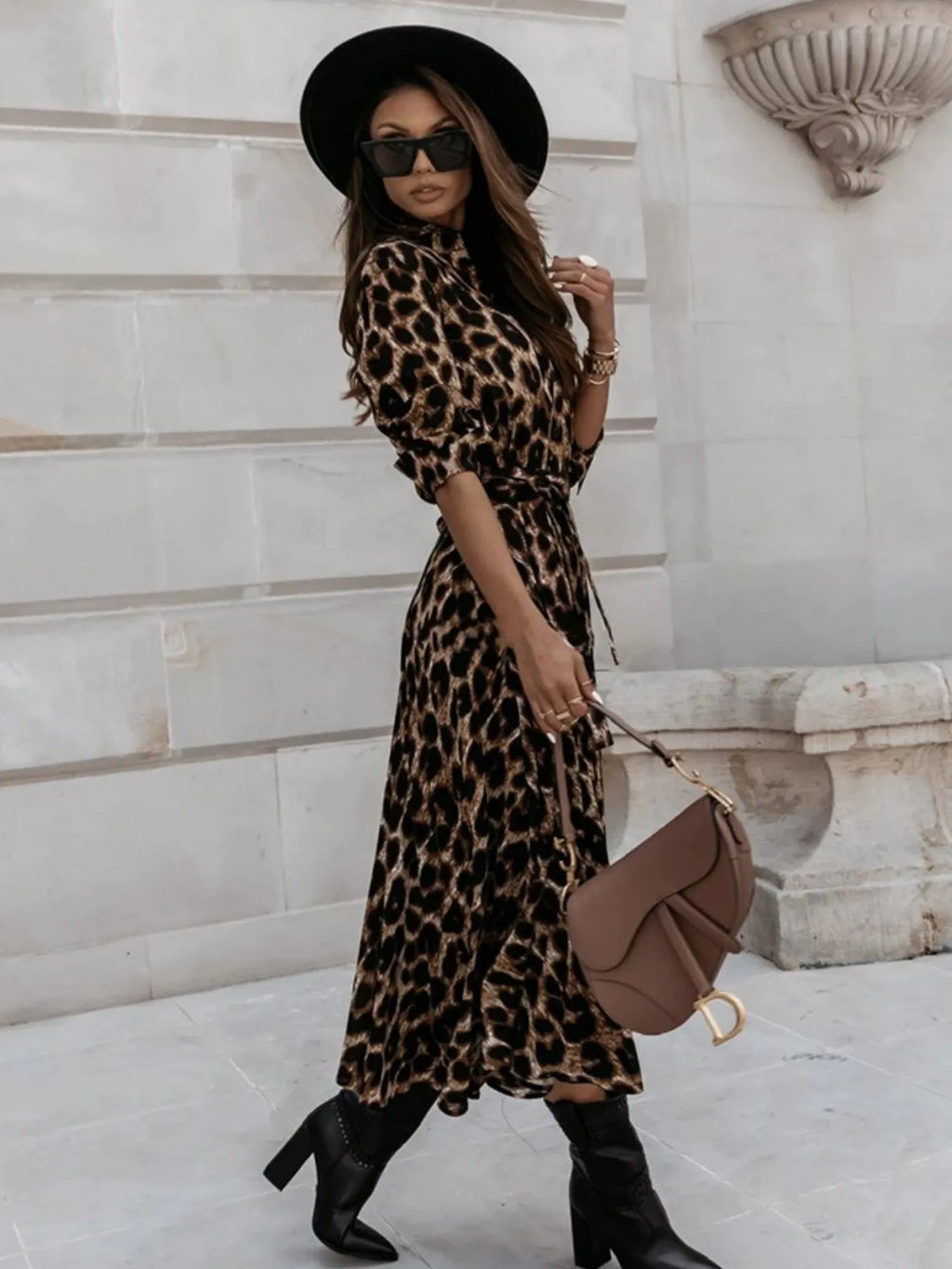Leopard Print Long Sleeves Large Skirt Maxi Dresses