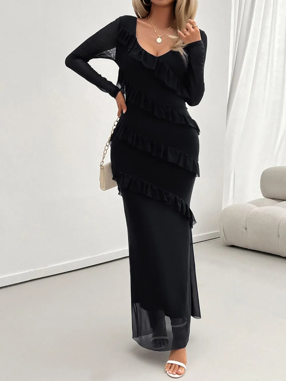 Ruffle Maxi Dress Elegant Party Long Sleeve Surplice Neck