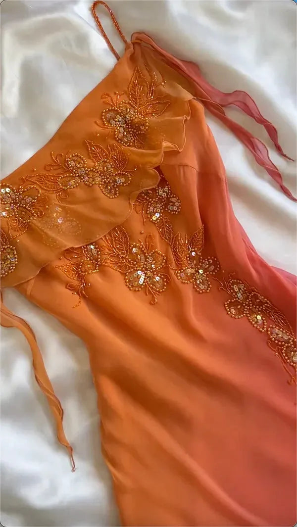 Orange Gradient Exquisite Beaded Spaetti Strap Midi Chiffon Slim Ball Gown Evening Dress Party Dress Prom Dress