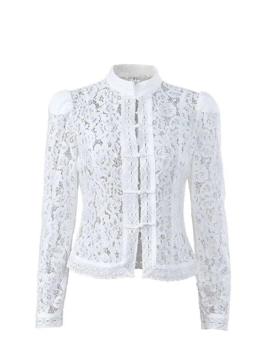 Lace Crochet Stand Collar Slim-fit Long Sleeve Sheer Top