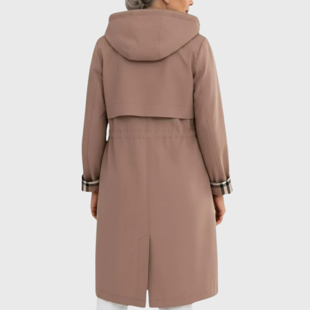 Women's Fitted Long Raincoat with Hood and Zipper