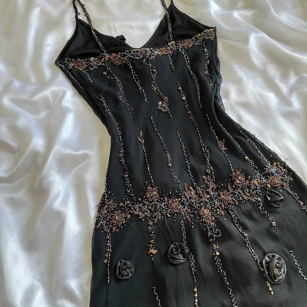 🥀✨Black Shiny Beautiful Vintage Gorgeous Fashion Elegant Exquisite Black Rose Gold Beading Midi/Short Chiffon Homecoming Dress Prom Dress Evening Dress Birthday Party Dress Ball Gown