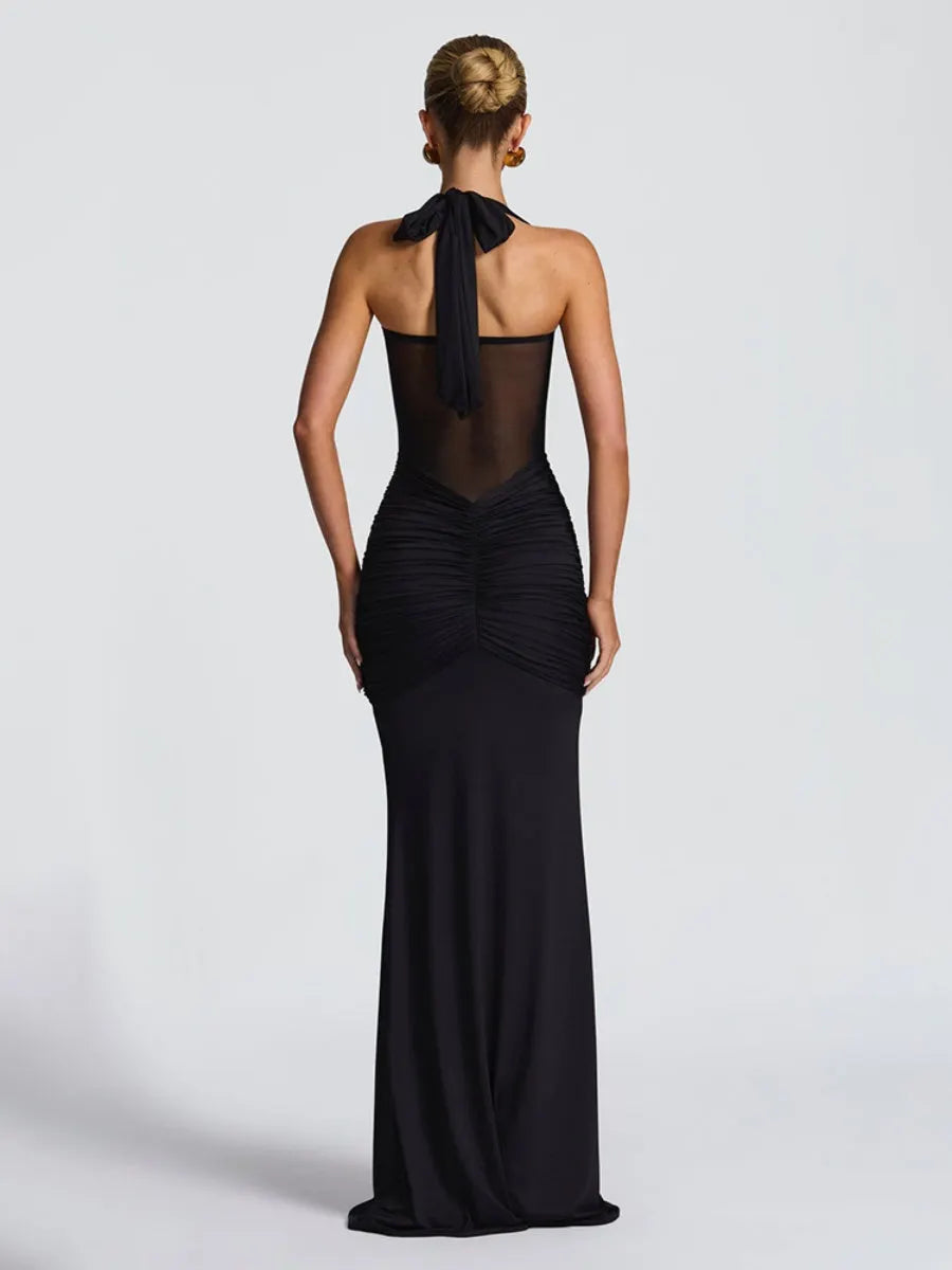 Neckband Lace Up Mesh Formal Dress Maxi Dresses