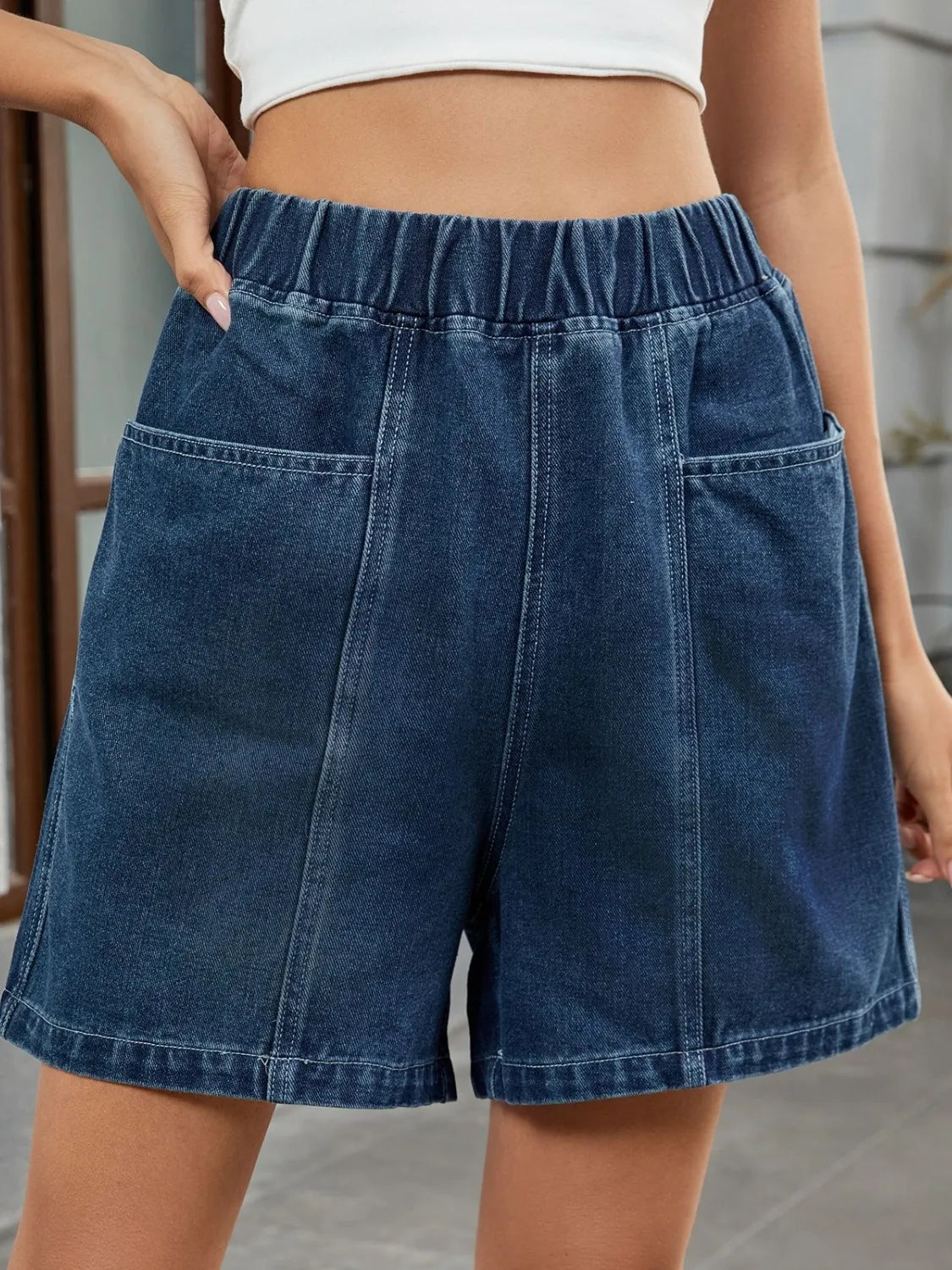 Denim Shorts Pocketed Casual Elastic Waistband Trendy