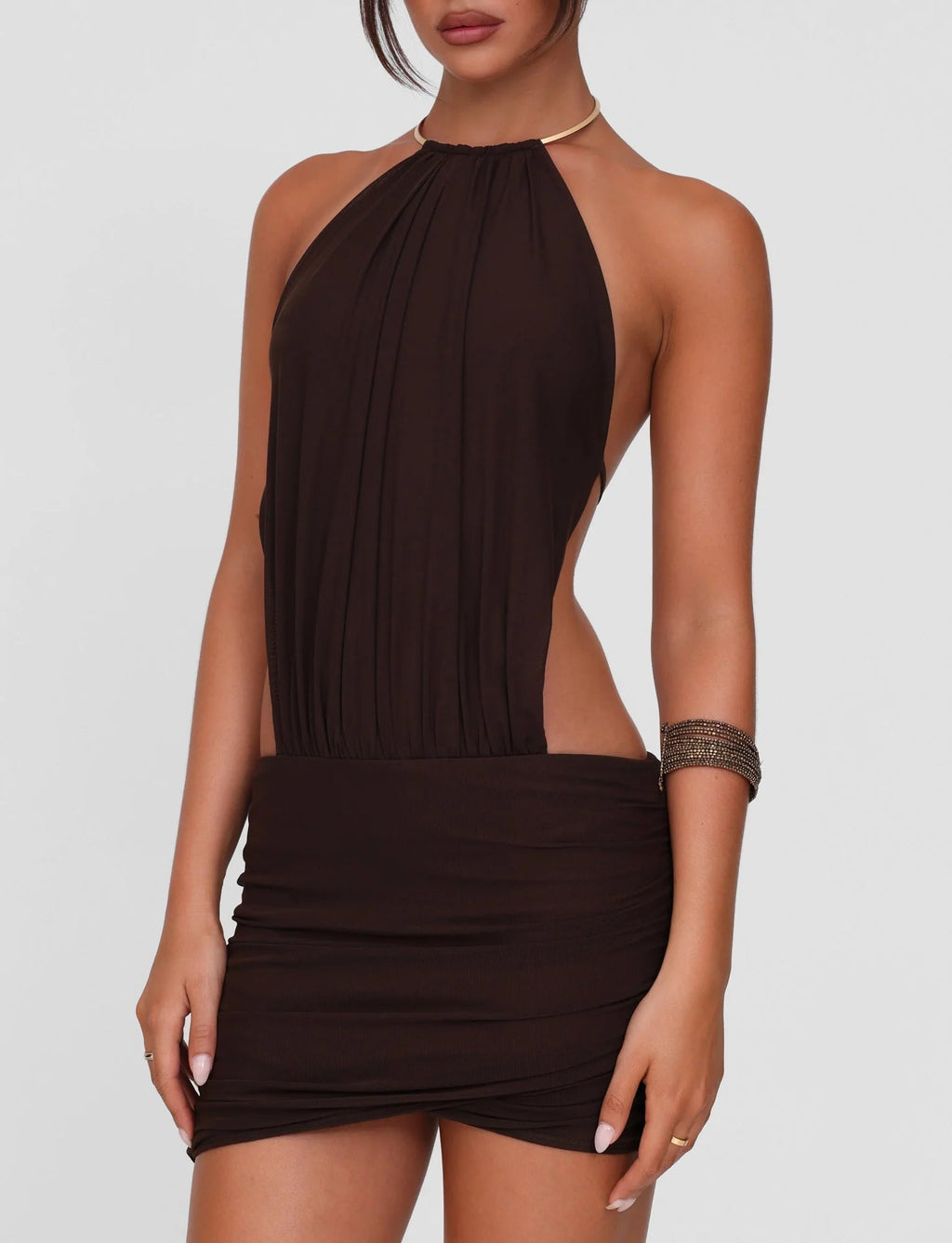 Emmalee Gold Detail Mini Dress - Brown