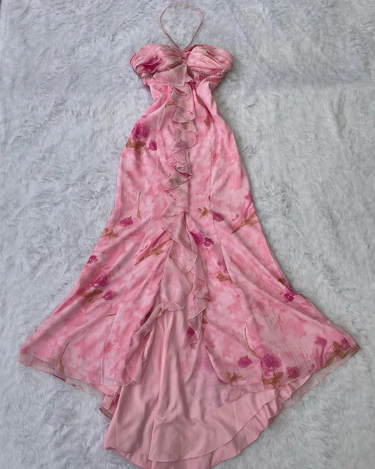 Pink Floral Gradient Halter Gown, Ruffled Rhinestone-Embellished Waist-Cinching Irregular Evening Dress