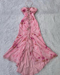 Pink Floral Gradient Halter Gown, Ruffled Rhinestone-Embellished Waist-Cinching Irregular Evening Dress