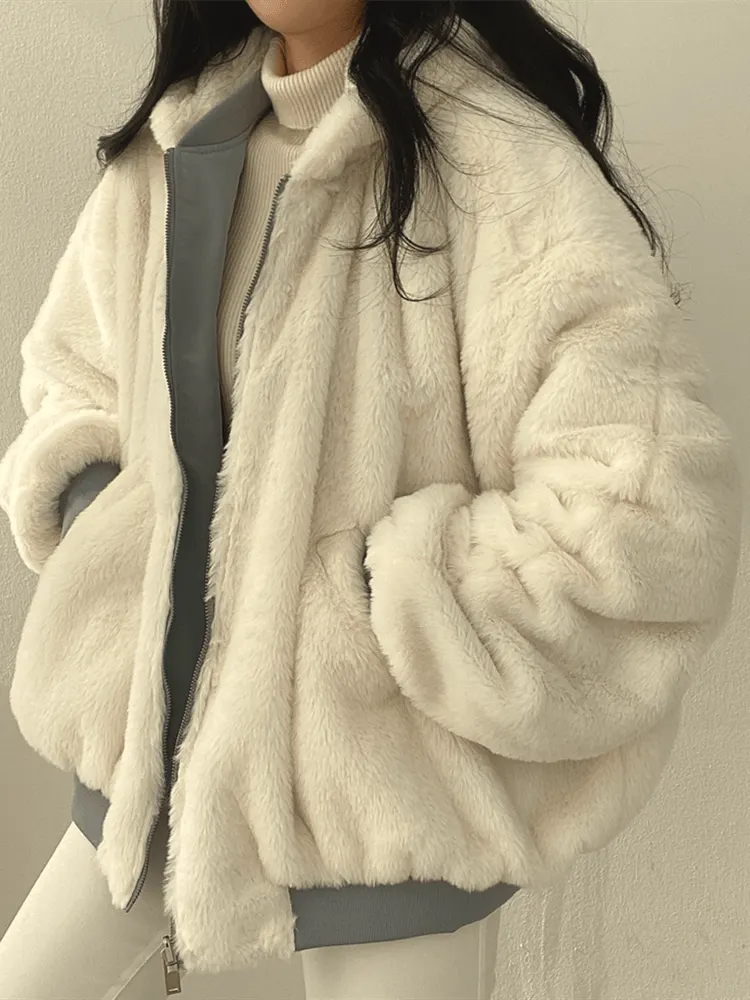Oversized Women's Bomber Jacket with Fleece Lining