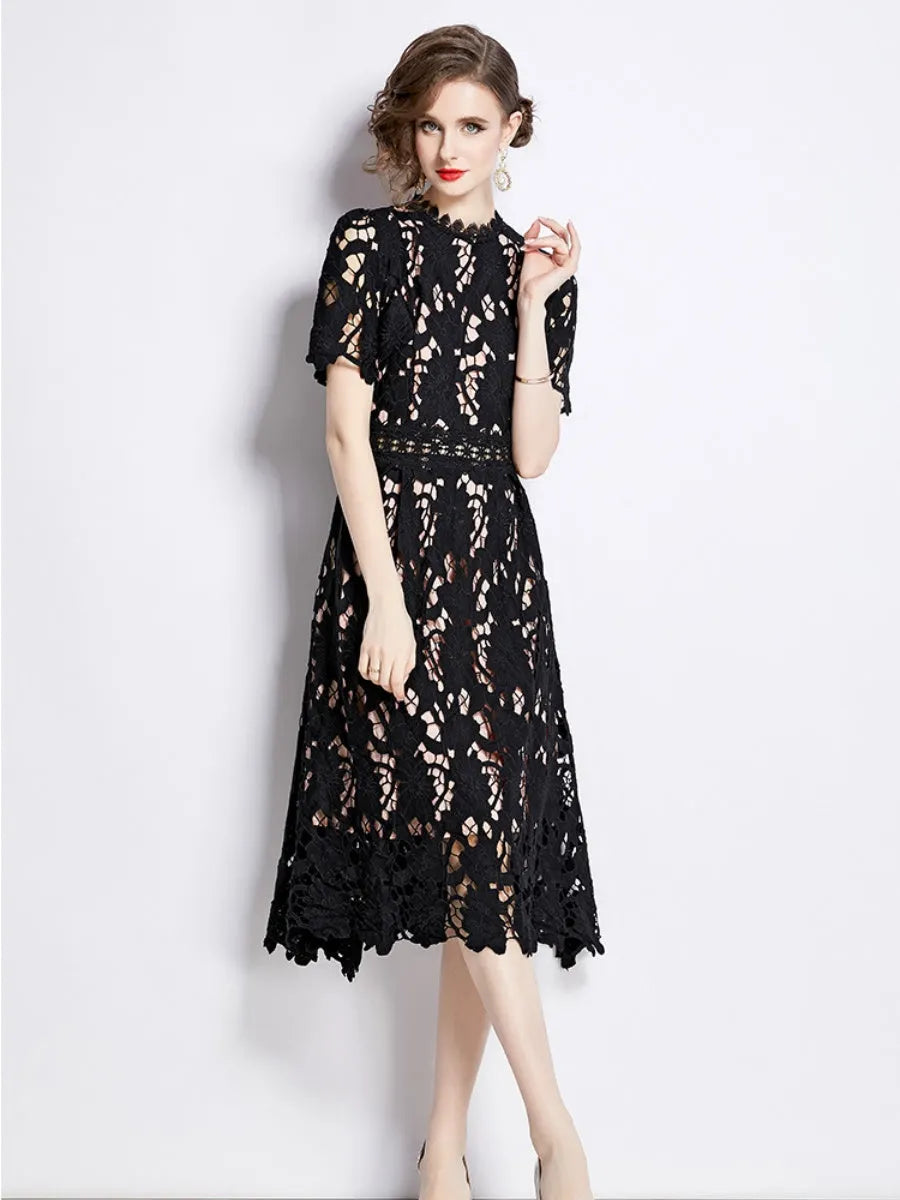 Water-soluble Lace Short-sleeved Slim-fit Midi Dress