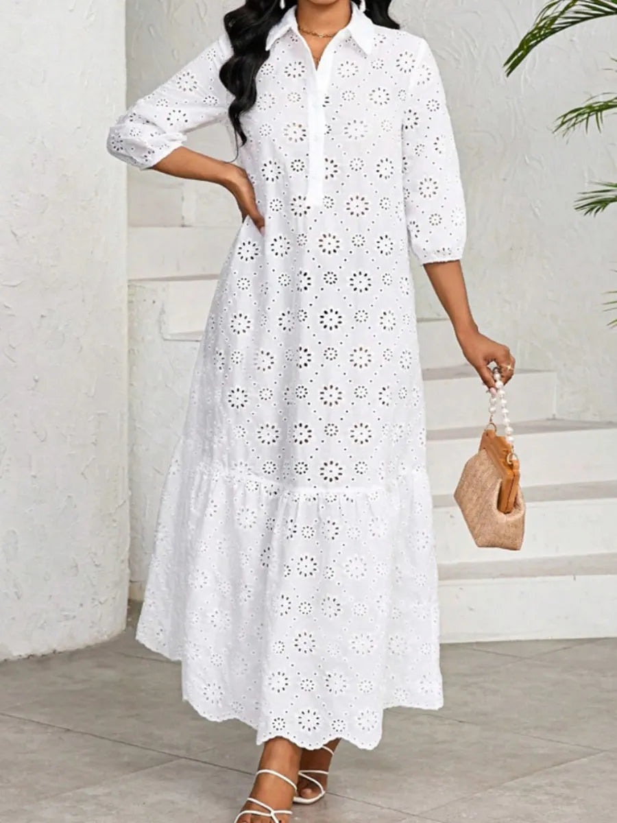 Three-quarter Sleeve Loose Shirt Collar Hollowed-out Lace Long Dress