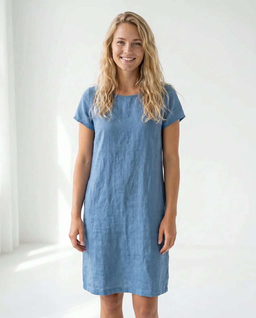 Women's Casual Linen-Look Dress with Short Sleeves and Pockets
