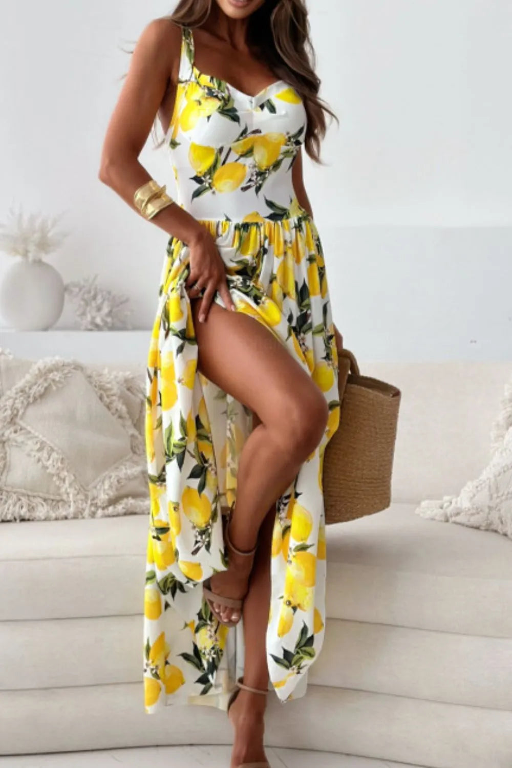 Maxi Dress Sweetheart Neck Casual Lemon Print Beach Resort
