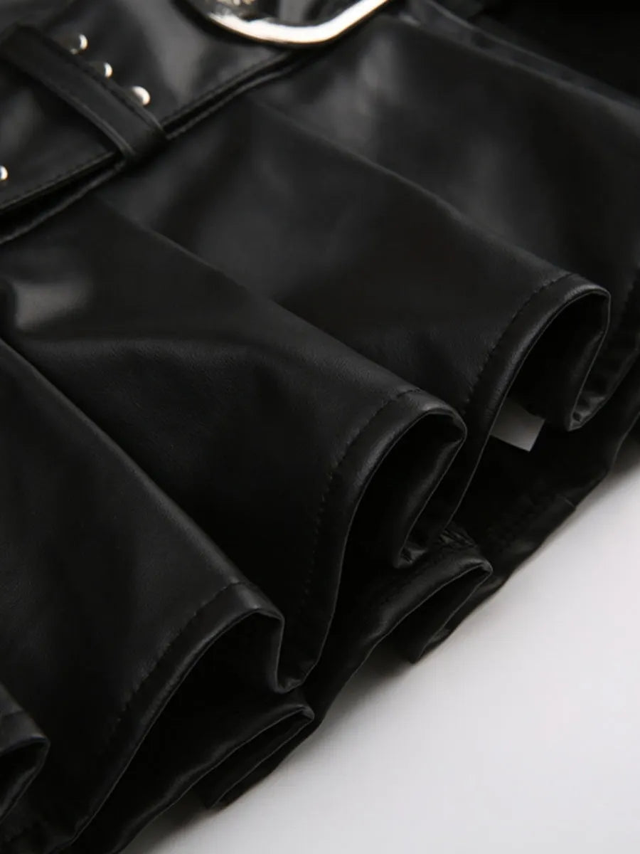 PU Leather Riveted And Stitched Belt With Slits And Pleats Skirts
