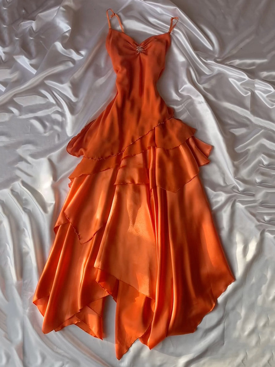 Flower Rhinestone Ruffled Sleeveless Spaghetti-Neck Satin Maxi Dresses Fairytale Drexss