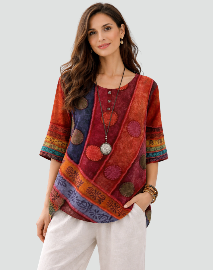 Boho Blouse with Print and Three-Quarter Sleeves