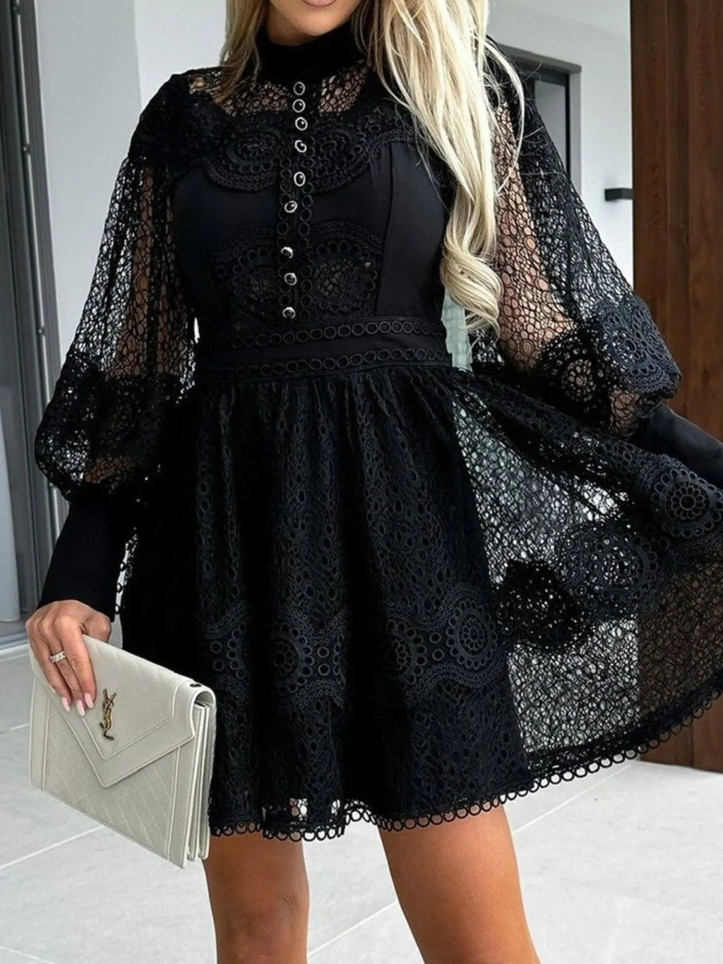 Lace Mini Dress with Lantern Sleeves