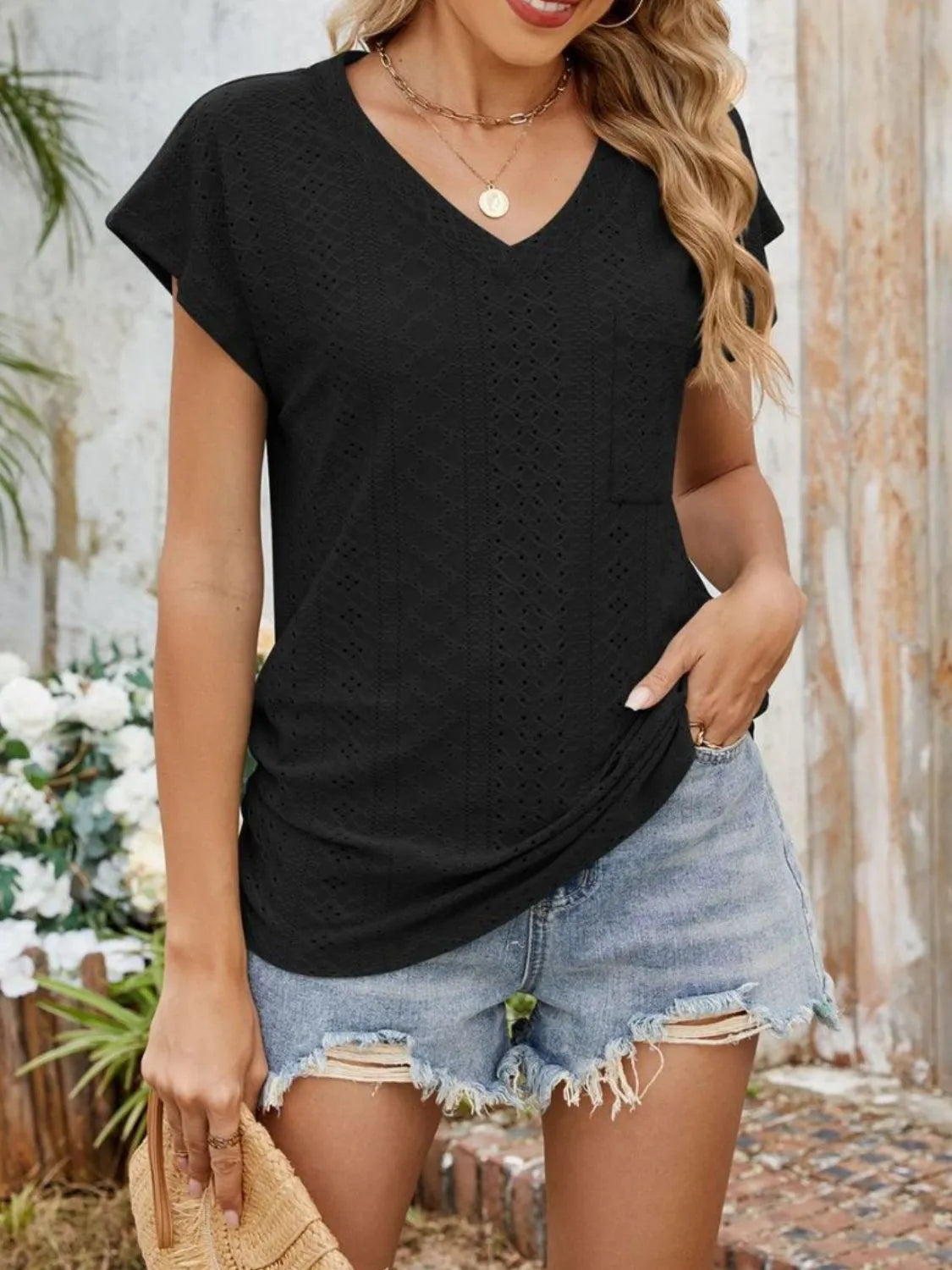 Blouse Top Casual Comfy Slight Stretch Eyelet Boho Chic