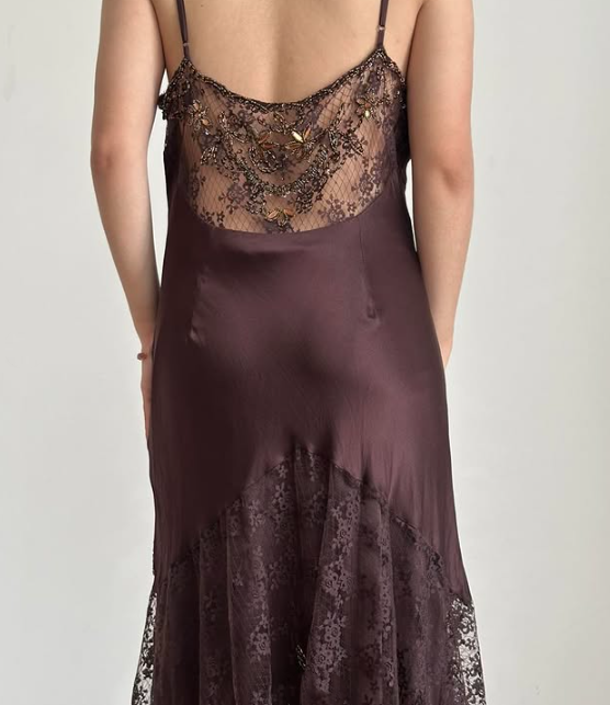 Brown Vintage Elegant Exquisite Floral Beading Spaetti Strap Long Satin Lace Ball Gown Evening Dress Birthday Party Dress Prom Dress