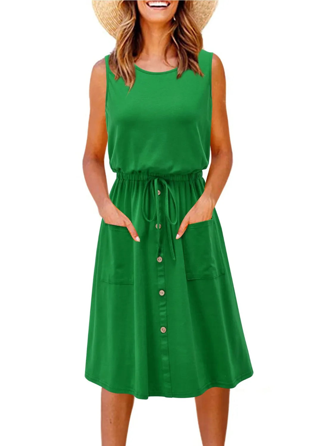 Tank Dress Midi Casual Drawstring Slightly Stretchy