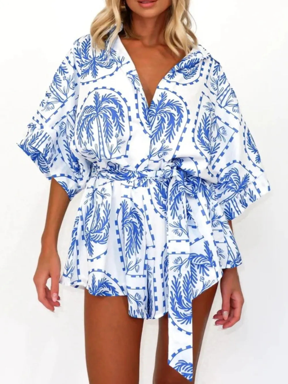 Printed Romper – Tie Waist with Half Sleeves