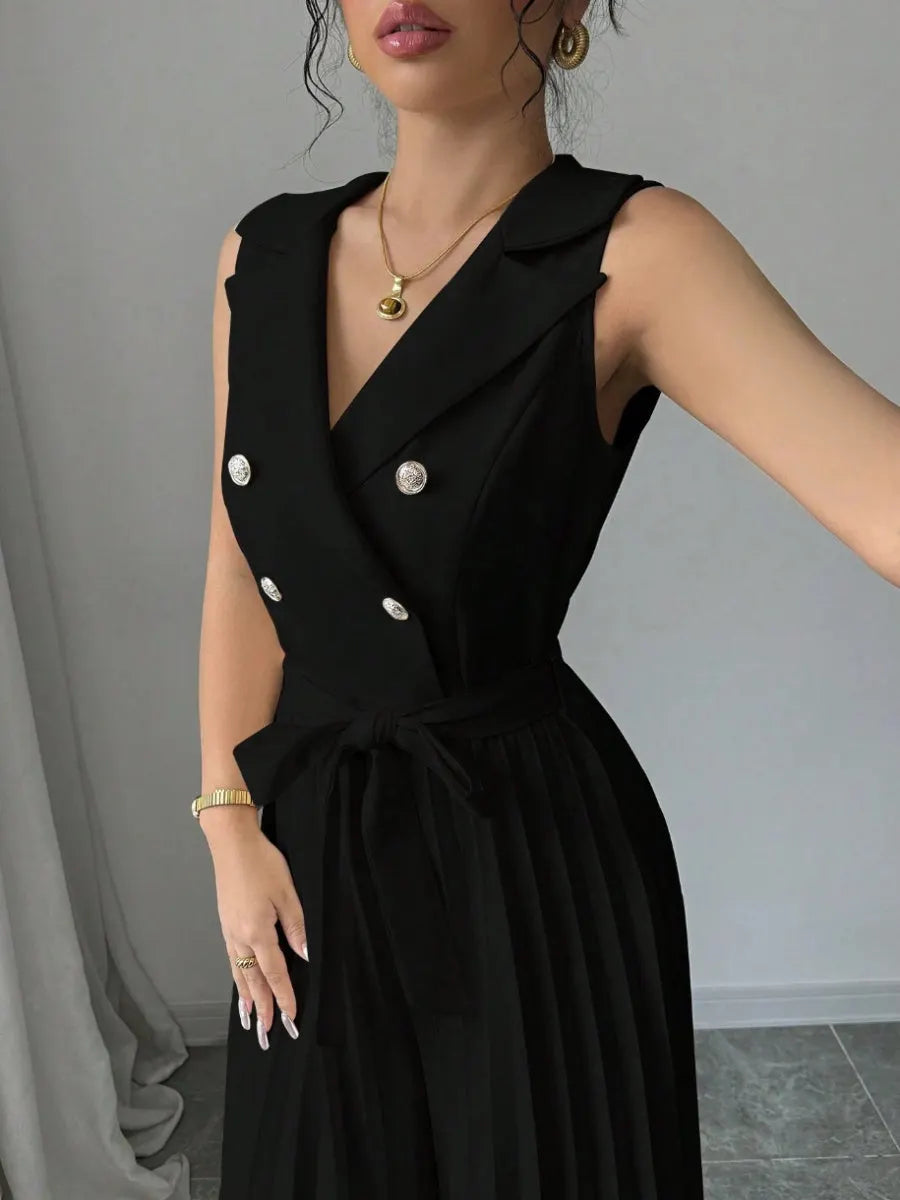 Commuting Suit Collar Pleated Pants Double-breasted Jumpsuits