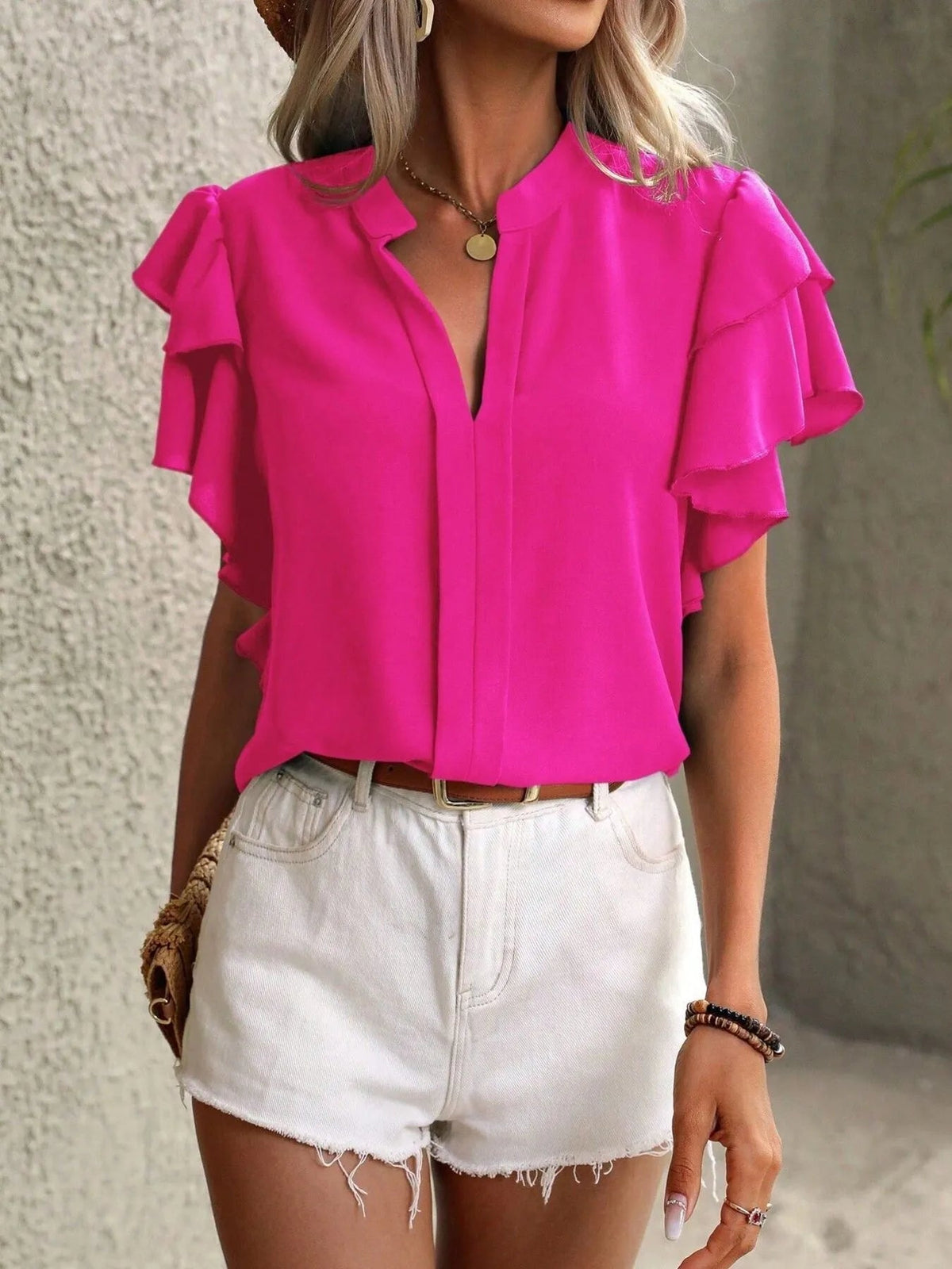 Blouse Top Ruffle Sleeve Notched Casual Elegant Business