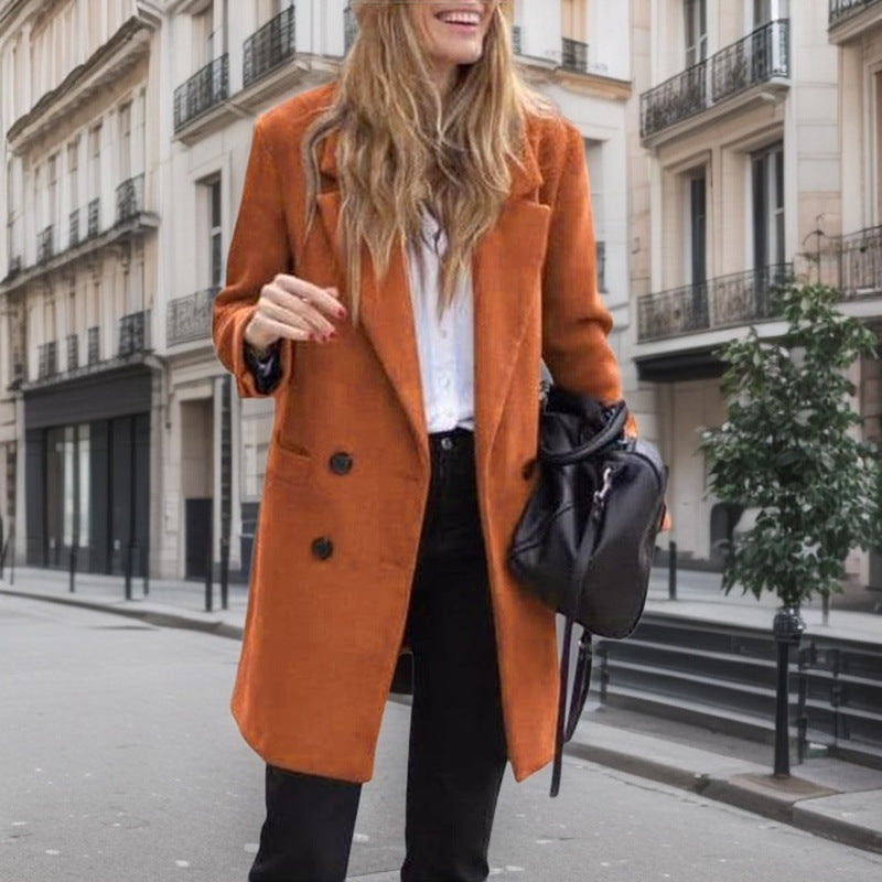 Women's Chic Bouclé Coat with Double-Breasted Button Closure