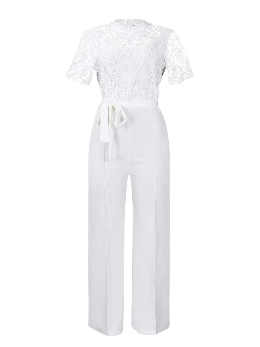 Lace Trim Hollow Short Sleeve Bandage High Waist Wide Leg Jumpsuits
