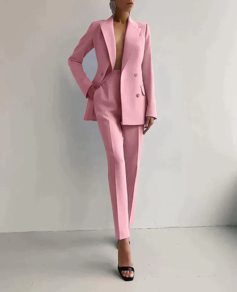 Women's Solid Color Buttoned Pocket Blazer and Trouser Set | For Everyday Wear