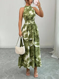 Printed Halter Sleeveless Vacation And Leisure Maxi Dresses