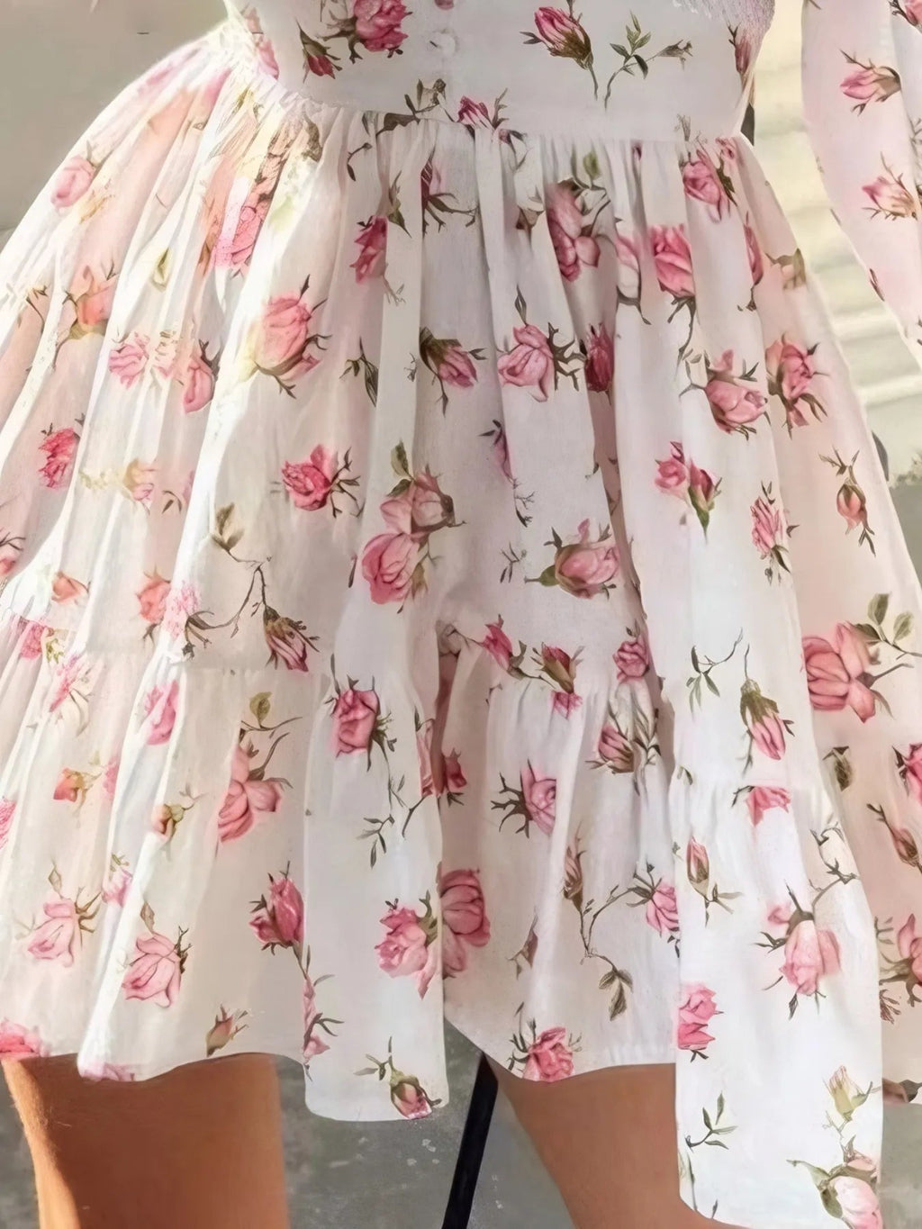 Mini Dress Floral Print Lace Detail Balloon Sleeve Chic