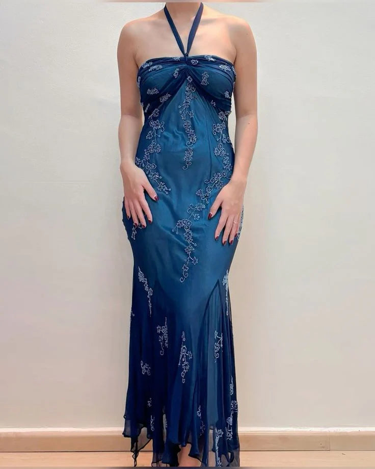 Dark Blue Fairy Mermaid Beaded Long Chiffon Formal Prom Evening Dress Wedding Guest Party Gown Dress Greek Halter Neck