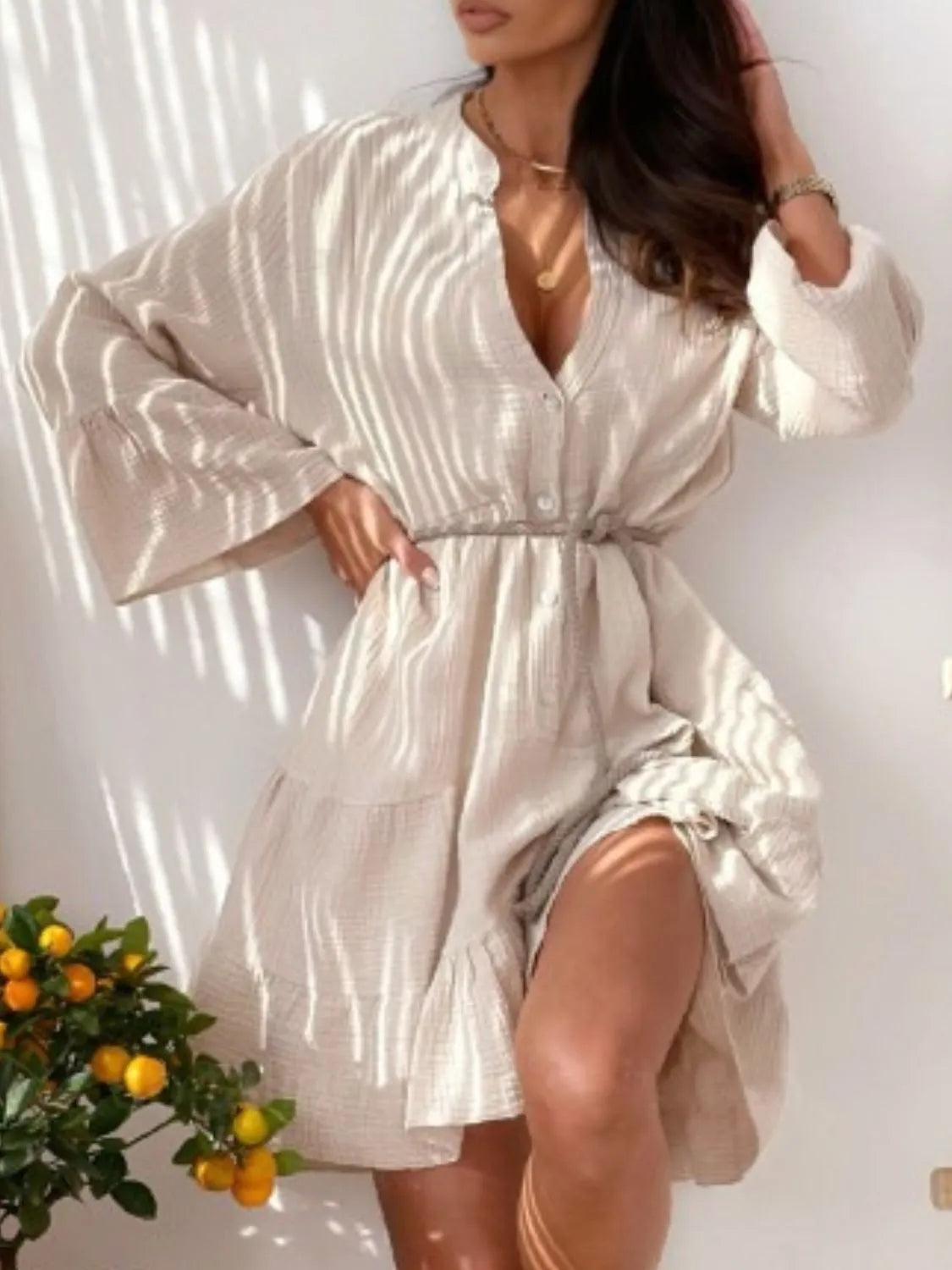 Mini Dress Button Detail Boho Tunic Notched Casual