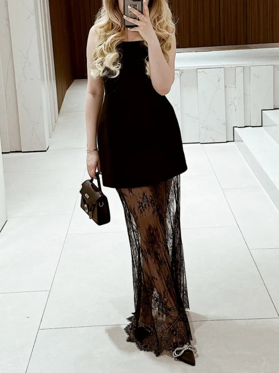 Two-piece Set: Fitted Waist Strapless Vest And High-waisted Lace Maxi Skirt