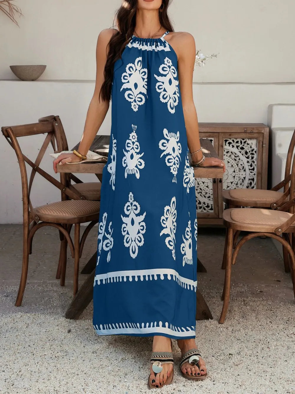 Maxi Dress Halter Neck Printed Sleeveless Resort Wear Gown