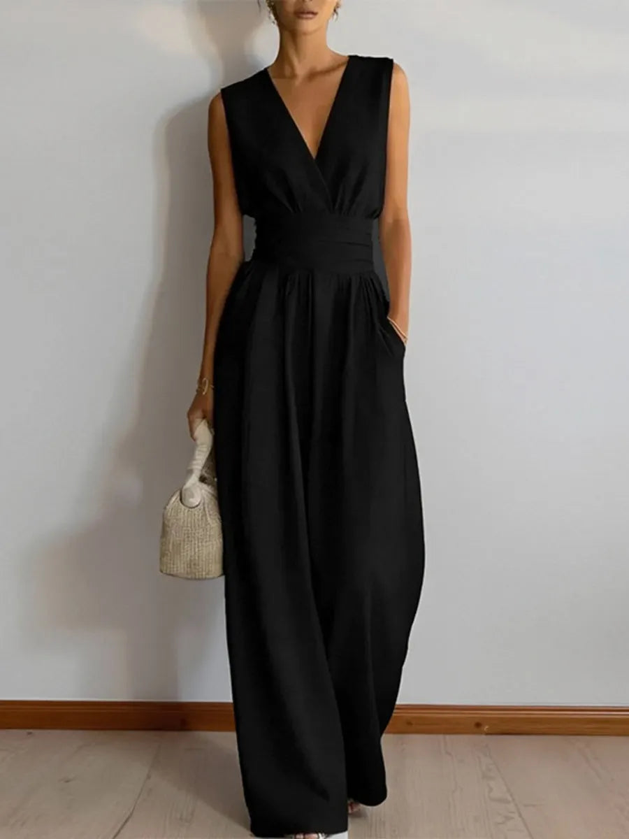 V-neck Waist Wide-leg Pants Sleeveless Temperament Grace Commuting Jumpsuits