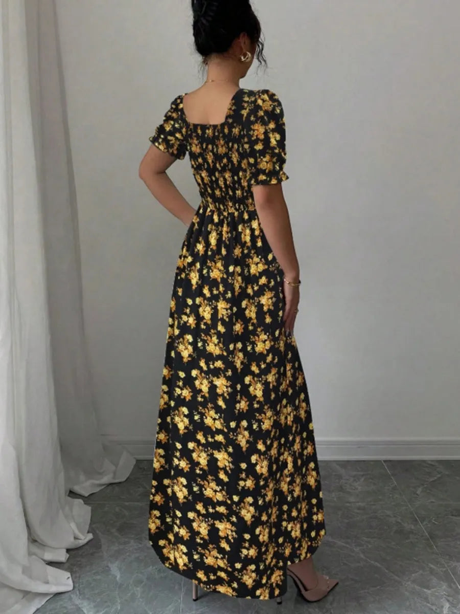 Floral Short Sleeve Square Collar Ruffle Vacation And Leisure Maxi Dresses