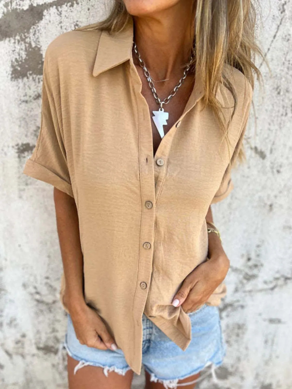 Shirt Buttoned Collared Boho Versatile Casual Trendy Top