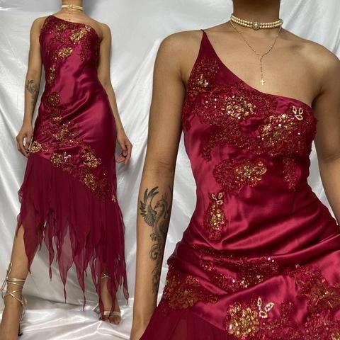 Red one shoulder fashion embroidered floral long elegant satin chiffon ruffle party dress prom dress evening gown